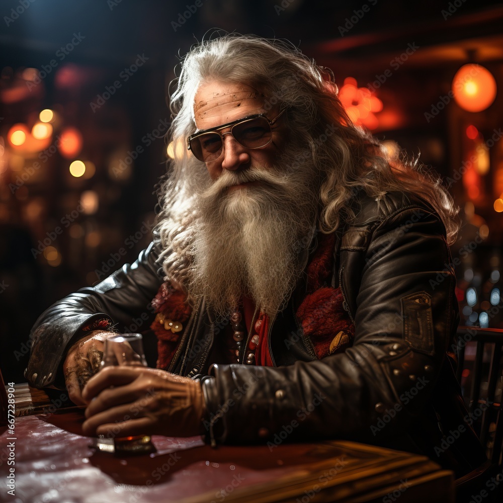 Obraz premium Elderly male rocker in a bar. A grandfather with a white beard and a leather jacket plays the guitar and drinks whiskey. Hardcore old man. Festive neon decor on background.