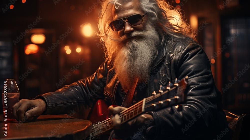 Elderly male rocker in a bar. A grandfather with a white beard and a leather jacket plays the guitar and drinks whiskey. Hardcore old man. Festive neon decor on background. Elderly male rocker in a bar. A grandfather with a white beard and a leather jacket plays the guitar and drinks whiskey. Hardcore old man. Festive neon decor on background.