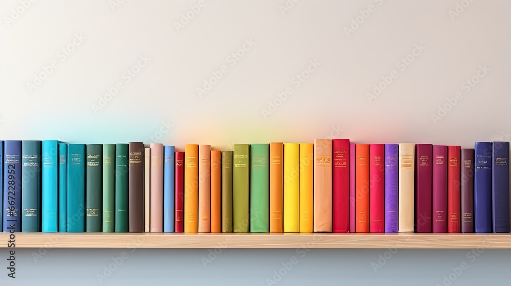  a row of colorful books on a wooden shelf against a white wall.  generative ai - obrazy, fototapety, plakaty 