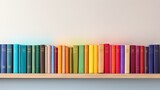  a row of colorful books on a wooden shelf against a white wall. generative ai