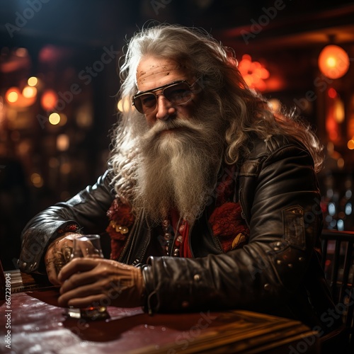 Elderly male rocker in a bar. A grandfather with a white beard and a leather jacket plays the guitar and drinks whiskey. Hardcore old man. Festive neon decor on background.