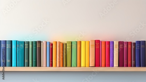  a row of colorful books on a wooden shelf against a white wall.  generative ai photo