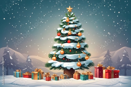 Christmas Gift Tree with Snow Background, Generative Ai