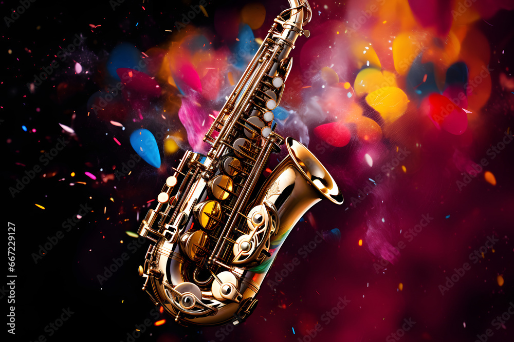 Saxophon-Groove: Klangexplosion auf einem lebendigen, bunten Hintergrund