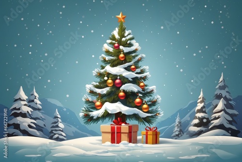 Christmas Gift Tree with Snow Background, Generative Ai