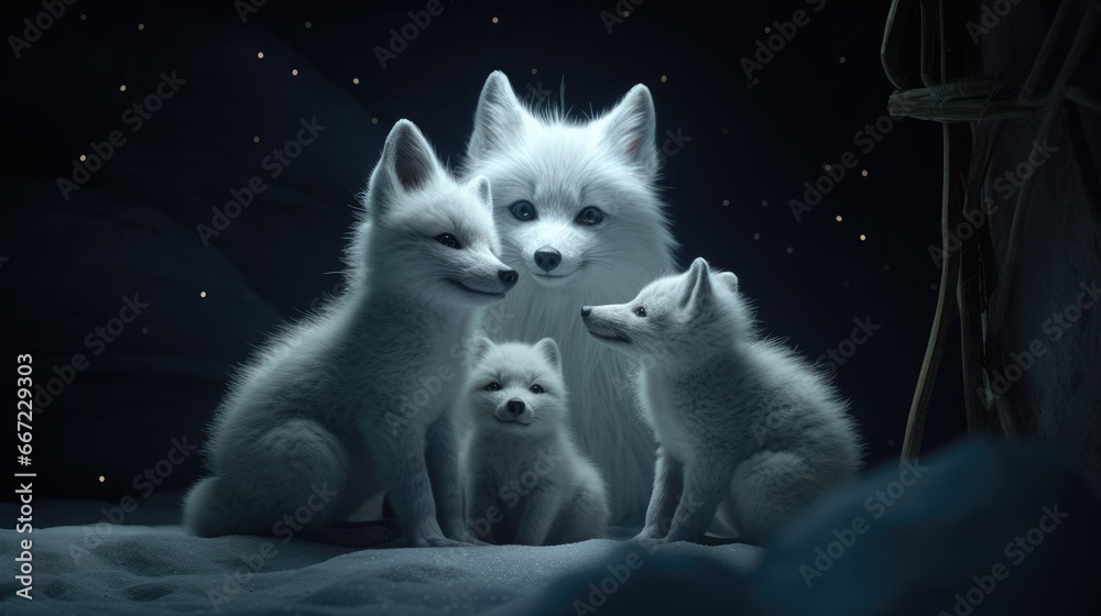 Obraz premium a family of white foxes on a dark background