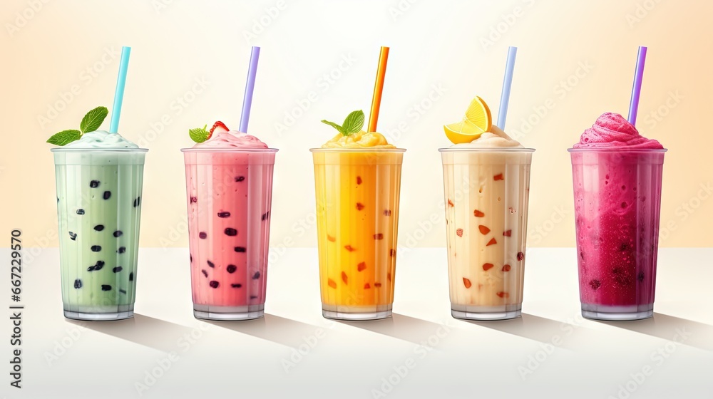  a row of different colored drinks with straws and toppings.  generative ai