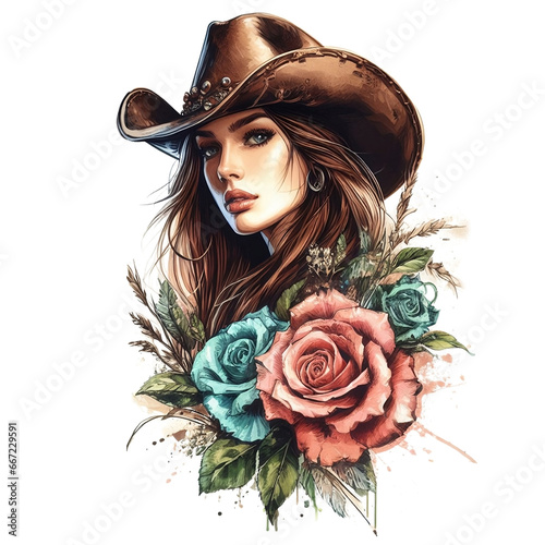 Beautiful cowgirl portrait. Watercolor style, no background, isolated. Generative AI