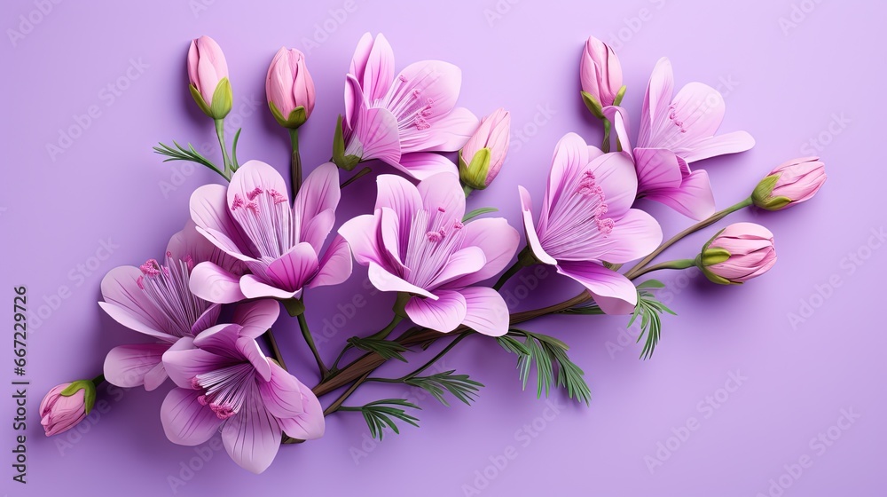  a bunch of pink flowers on a purple background with green leaves.  generative ai