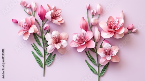  a group of pink flowers on a pink background with green stems.  generative ai