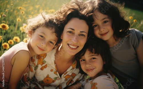 A happy smiling woman with daughters sitting on either side of her at a sunny day