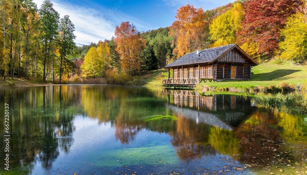 Paysage d'ambiance automnale. Chalet en bois au bord d'un étang entouré d'une forêt aux couleurs flamboyantes
Paysage d'ambiance automnale. Chalet en bois au bord d'un étang entouré d'une forêt aux couleurs flamboyantes