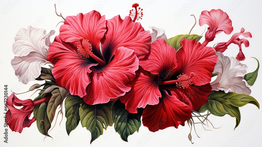 a painting of three red flowers with green leaves on a white background. generative ai a painting of three red flowers with green leaves on a white background. generative ai