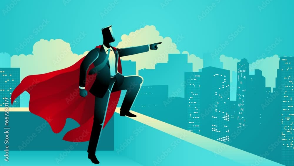 Motion graphics of a superhero businessman standing triumphantly atop a ...