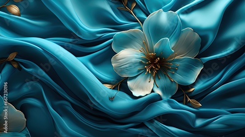  a painting of a flower on a blue fabric with gold accents. generative ai