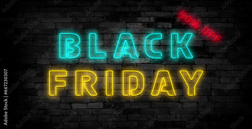 Black friday sign emblem in neon style on brick wall background. Black friday sign emblem in neon style on brick wall background.