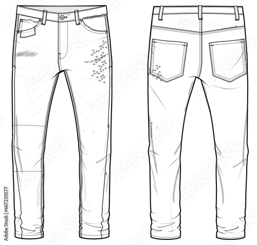 Men's denim slim fit jeans trouser pants front and back view flat sketch fashion illustration, five pockets denim pants vector template