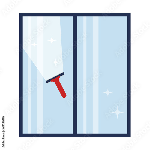 Window washing. The glass scraper glides across the glass to clean it. Window cleaning service concept. Vector illustration in flat style