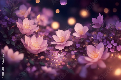 Shiny, glowing flowers in pink and purple colors, magic of valentine's day, wedding invitation. Romantic background, greeting card, poster, postcard for women's day or birthday. © Neitiry