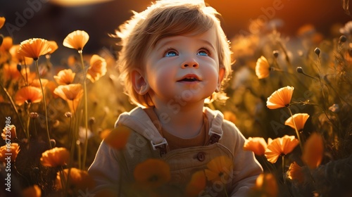 Cute little boy in the field of daisies at sunset