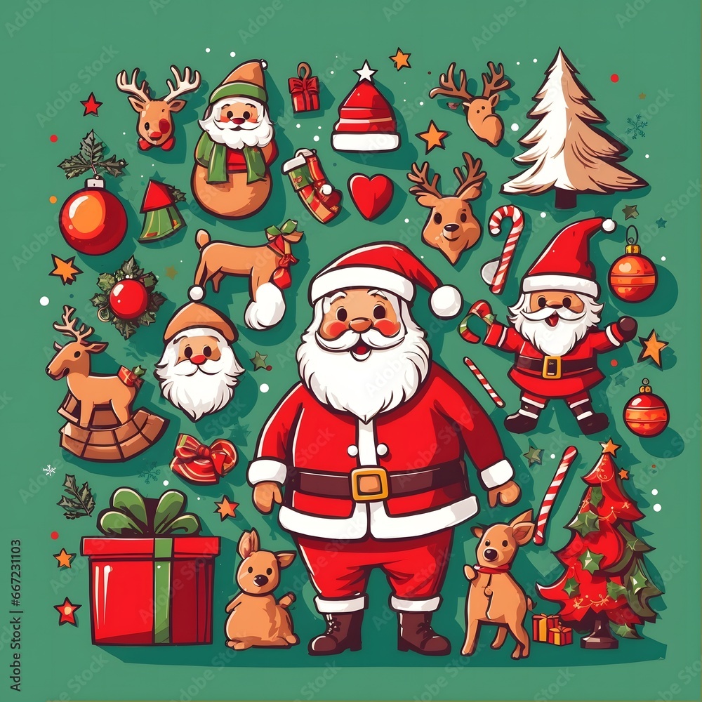 Happy Christmas Illustration Doodle Style Vector Illustration with Santa Claus Background, Generative Ai