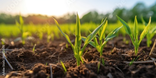 Springtime corn field with fresh, green sprouts in soft focus. beautiful Generative AI AIG32