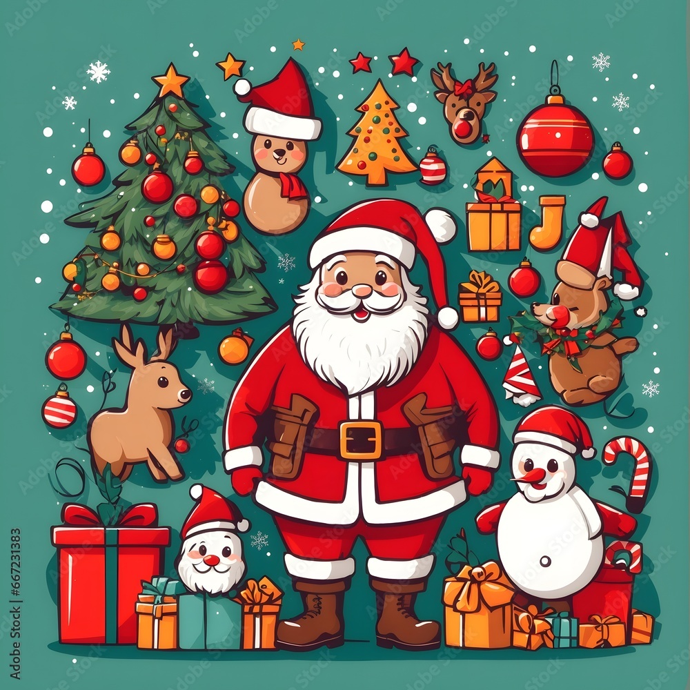 Happy Christmas Illustration Doodle Style Vector Illustration with Santa Claus Background, Generative Ai