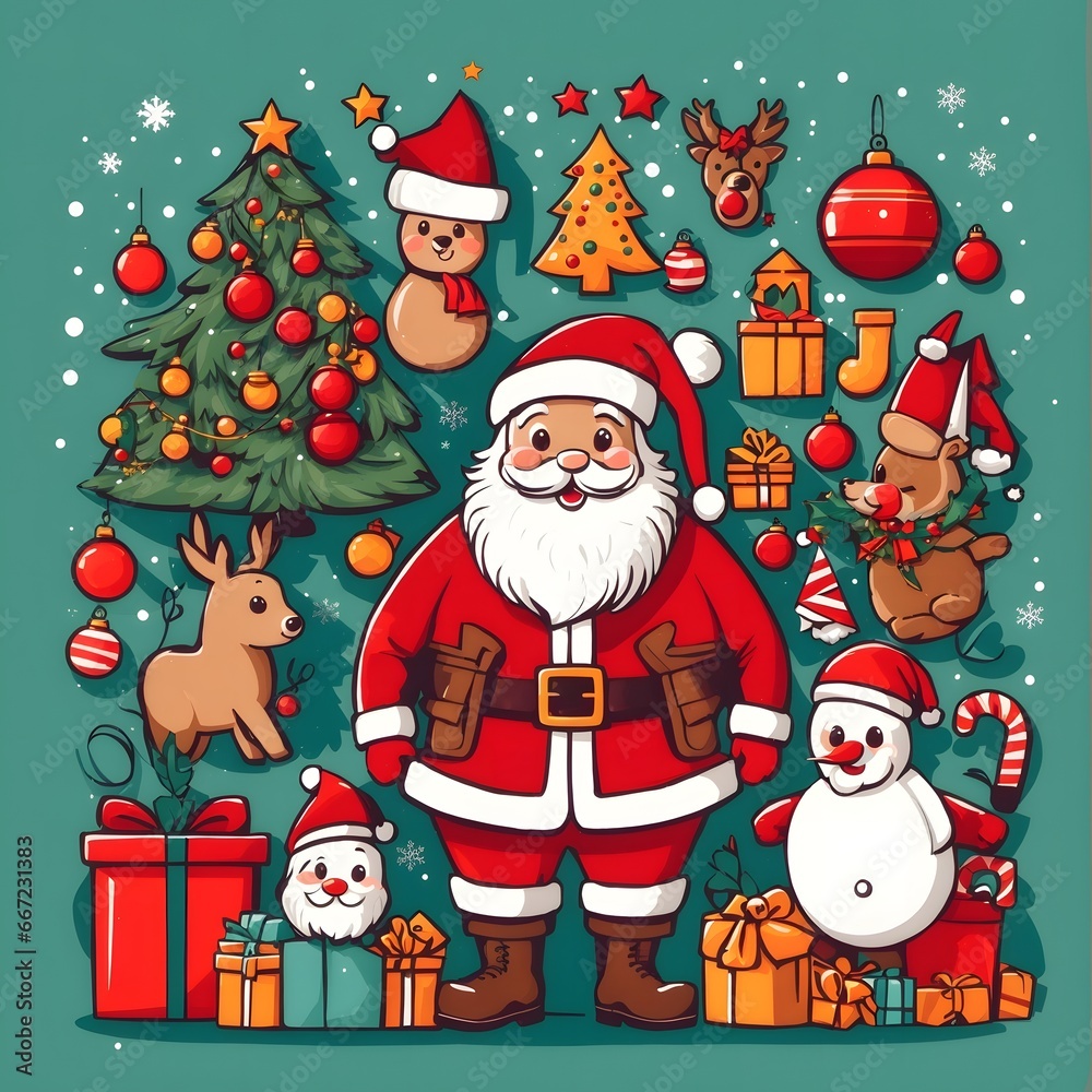 Happy Christmas Illustration Doodle Style Vector Illustration with Santa Claus Background, Generative Ai Happy Christmas Illustration Doodle Style Vector Illustration with Santa Claus Background, Generative Ai