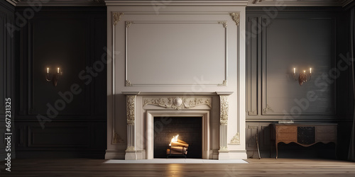 Front view of white fireplace in classic interior of living room in luxury house