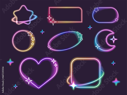 Collection of glowing neon frame light style. Set of gradient illuminate frames design