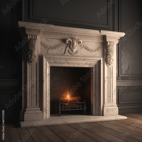 Closeup of white fireplace with decorative fretwork