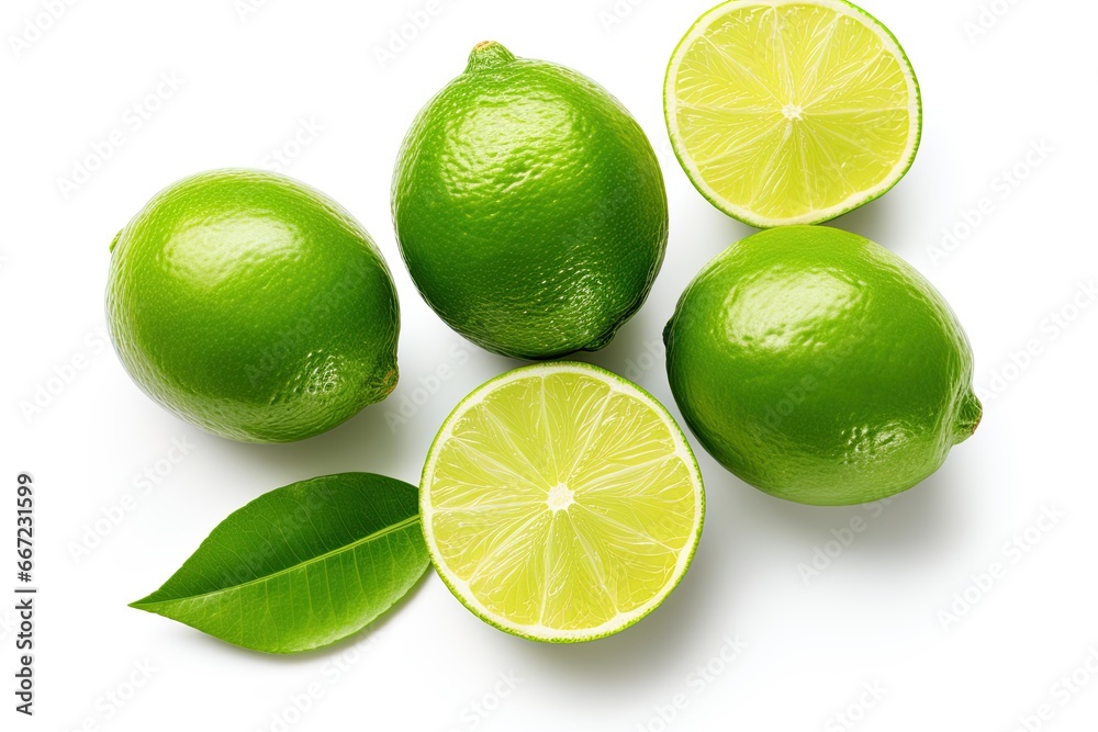 Limes isolated on white background. Top view. Flat lay. Ai Generative