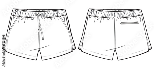 Men's Swim shorts front and back view flat sketch fashion illustration, running Jogger short drawing vector template photo