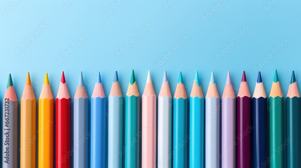 a row of colored pencils lined up on a blue background. generative ai a row of colored pencils lined up on a blue background. generative ai