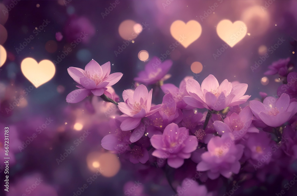 Shiny, glowing hearts and flowers in pink and purple colors, magic of valentine's day, wedding invitation. Romantic background, greeting card, poster, postcard for women's day or birthday. - obrazy, fototapety, plakaty 