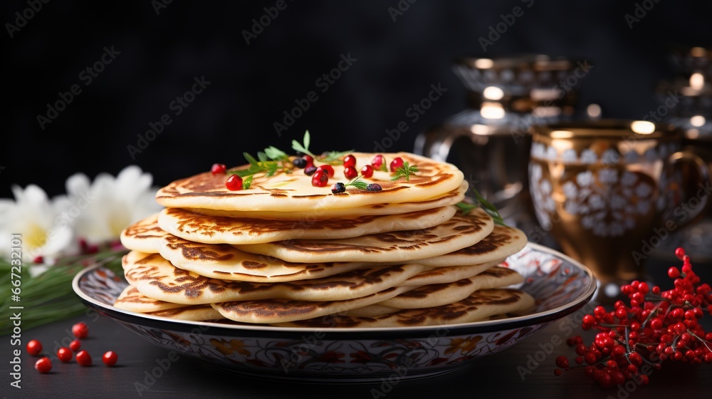 a stack of pancakes on a plate with cranberries. generative ai a stack of pancakes on a plate with cranberries. generative ai