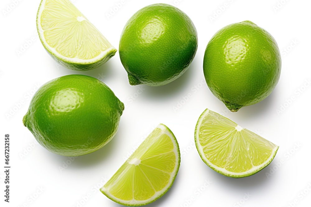 Limes isolated on white background. Top view. Flat lay. Ai Generative