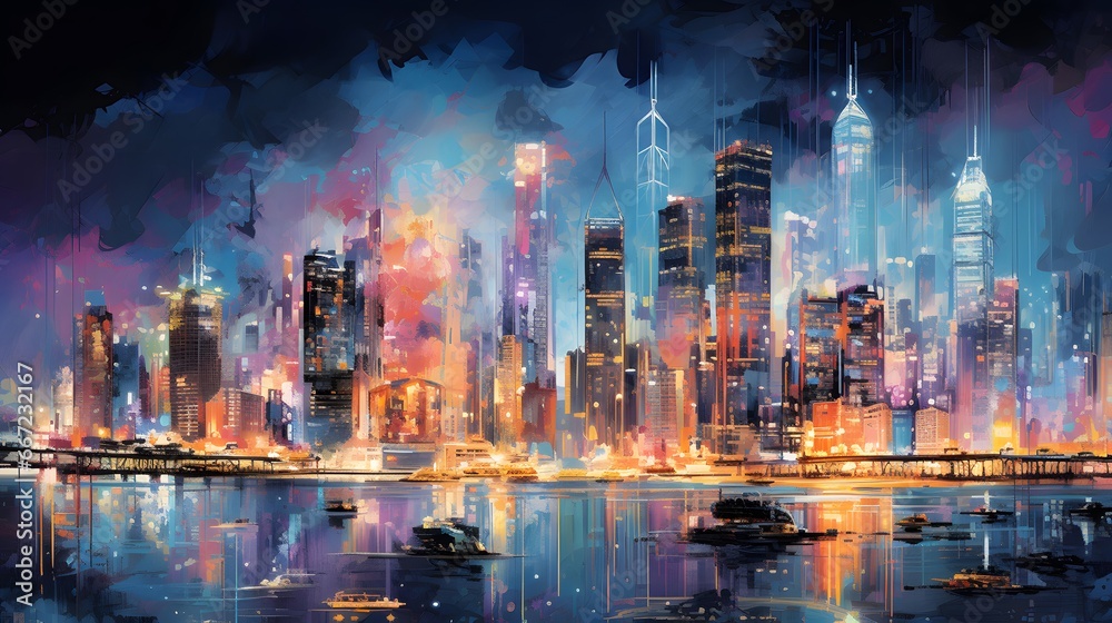 Panoramic view of the modern city at night, illustration.