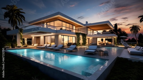 Luxury modern house with swimming pool at sunset. Panorama