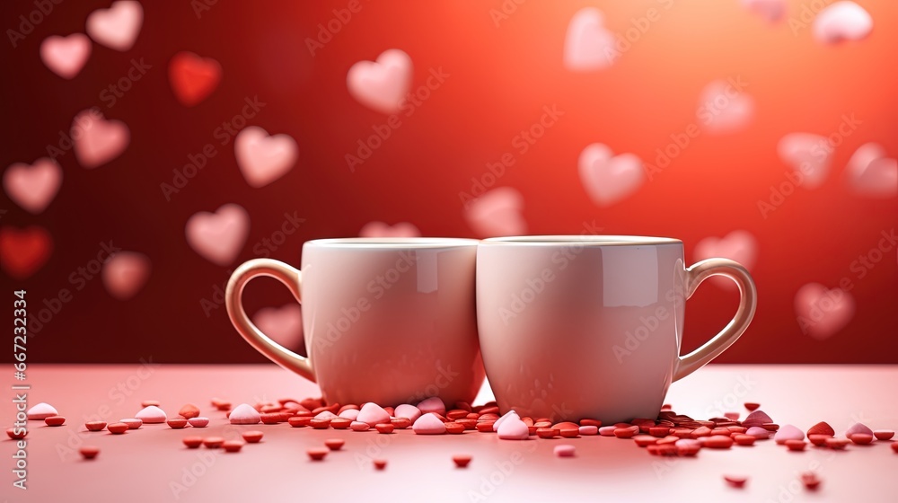 two coffee mugs with hearts scattered around them on a table. generative ai two coffee mugs with hearts scattered around them on a table. generative ai