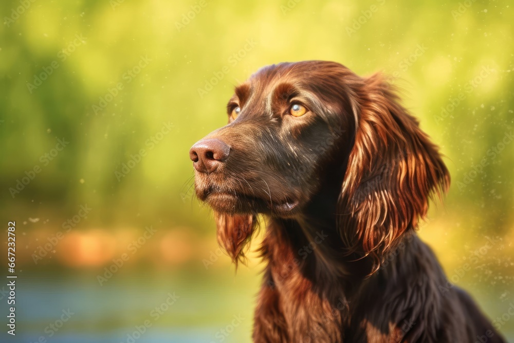 Portrait of a beautiful dog on a background of green grass.