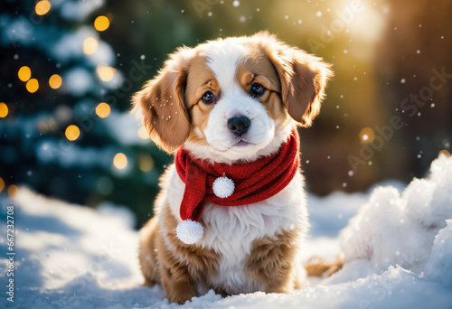 Whimsical Christmas Puppy in a Snowy Forest on a sunny winter day