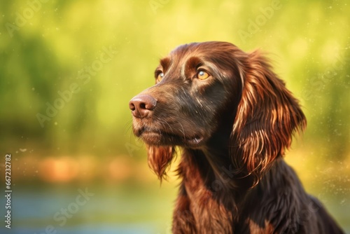 Portrait of a beautiful dog on a background of green grass.
