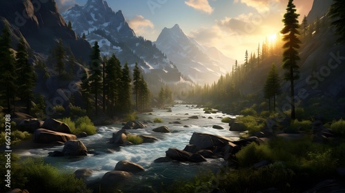 Panoramic view of a mountain river at sunset, Canadian Rockies