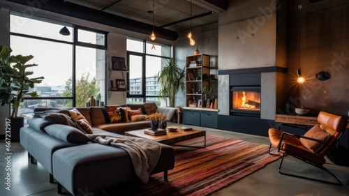Living room decor, home interior design . Modern Industrial style with Fireplace decorated with Concrete and Wood material . Generative AI AIG26.
