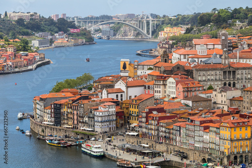Traditional architecture of the urban center of the city of Porto with the Douro river, Portugal.