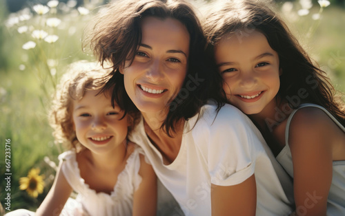 A happy smiling woman with daughters sitting on either side of her at a sunny day