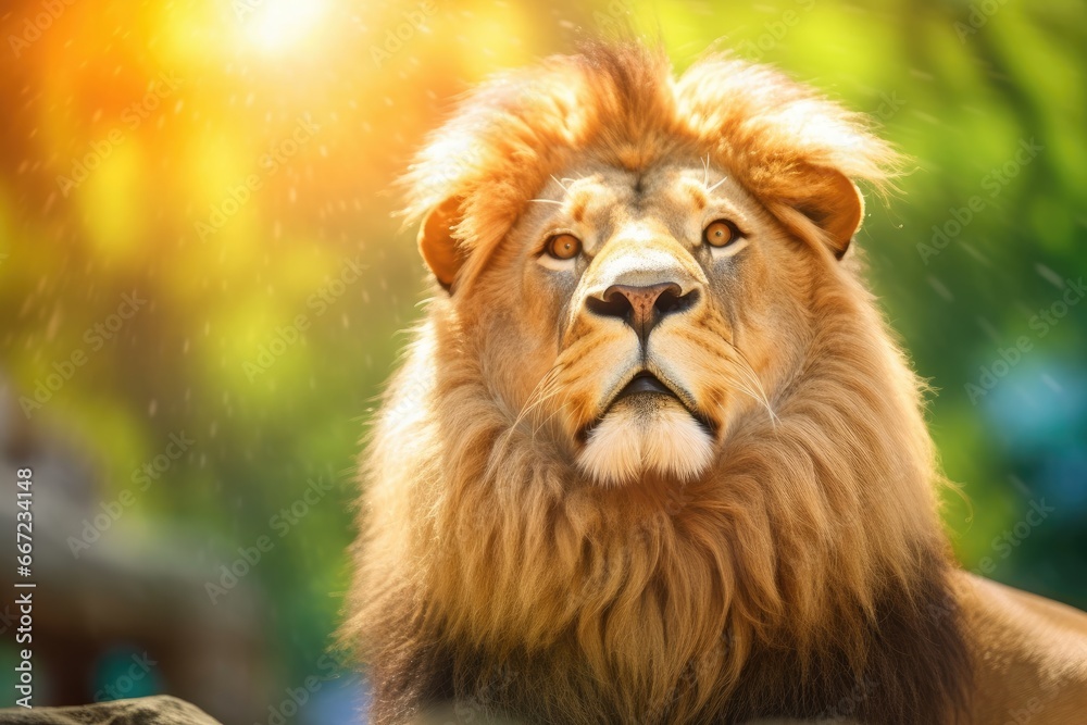 Portrait of a lion on a background of green foliage