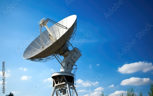 A satellite dish against a clear blue sky