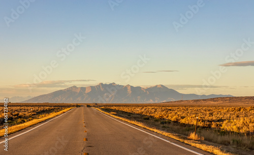 Scenic road landscape with Mt Blanca as part of dramatic Sierra Blanca Massif in Southern Colorado. photo